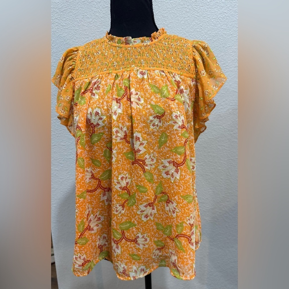 Mason d’ Amelie Golden Yellow Smocked Blouse with Flutter Sleeves